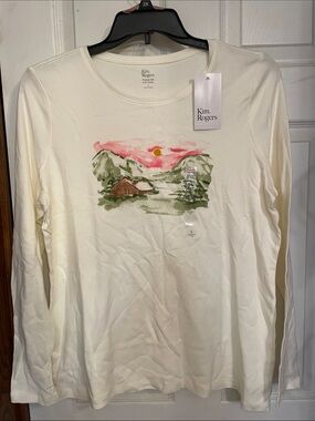 Kim Rogers Cream Scenic Cabin Long Sleeve Top with Pink Sunrise
